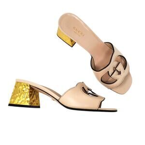 Gucci Sandals Interlocking G Cut-Out Leather Light Nude Gold Heel Size 37 US 7